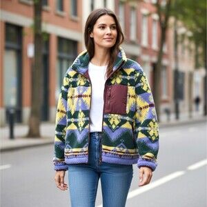 Wrangler Sherpa Jacket Womens Large Southwestern Aztec Geo Full Zip Fleece Retro